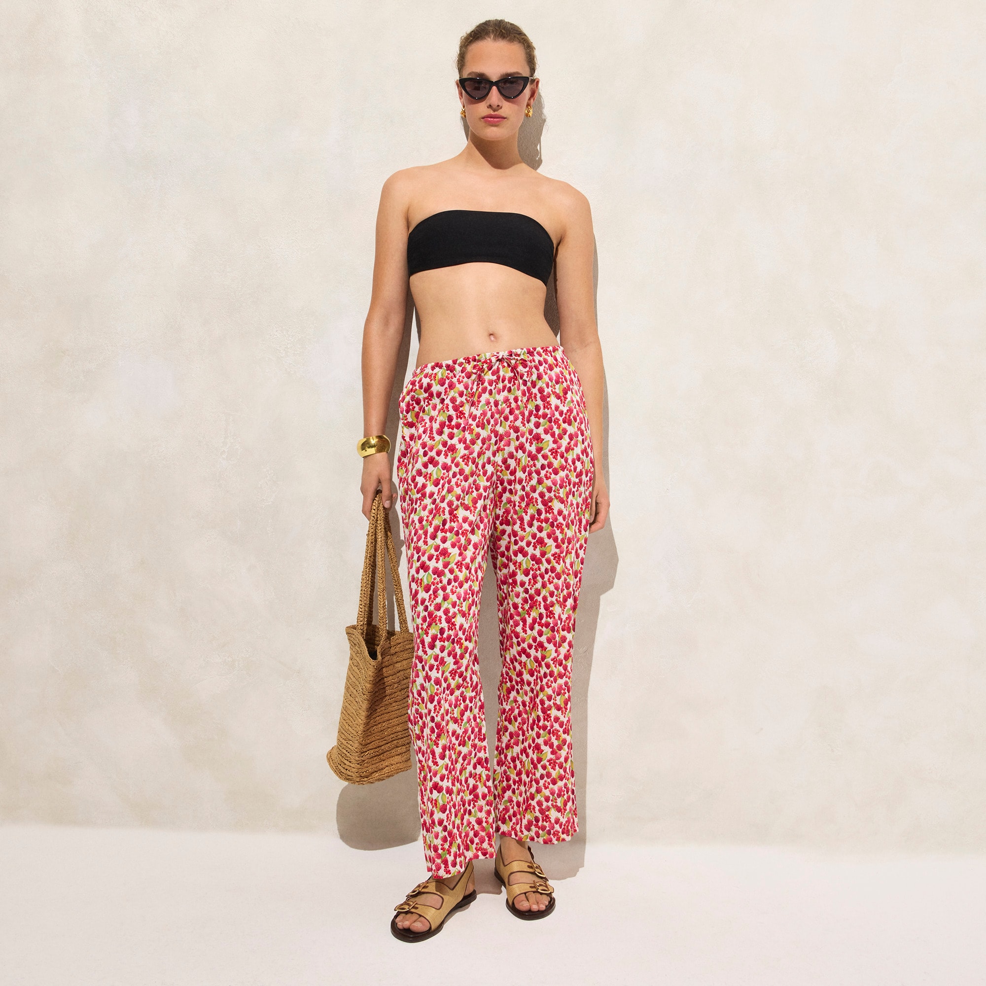 womens Cotton voile beach pant in raspberry print